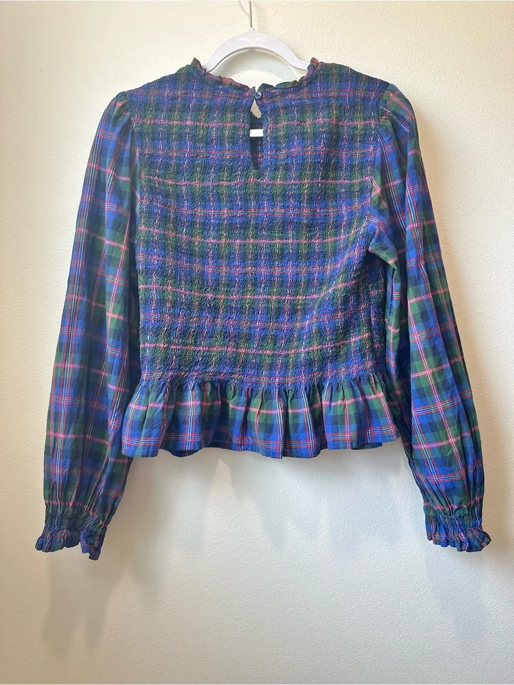 Old Navy Blue & Green Plaid Smocked Peplum Blouse Medium